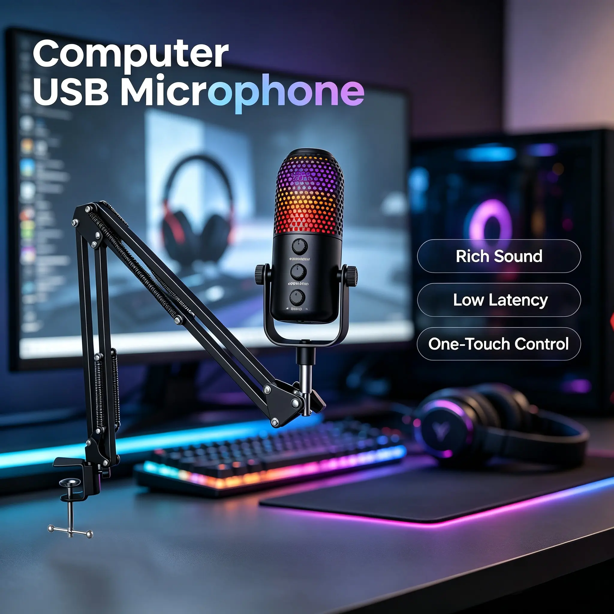 Gaming USB Microphone, Quick Mute Feature, RGB Indicator, Shock Mount, Volume Control, Compatible with Ps4, Ps5, PC