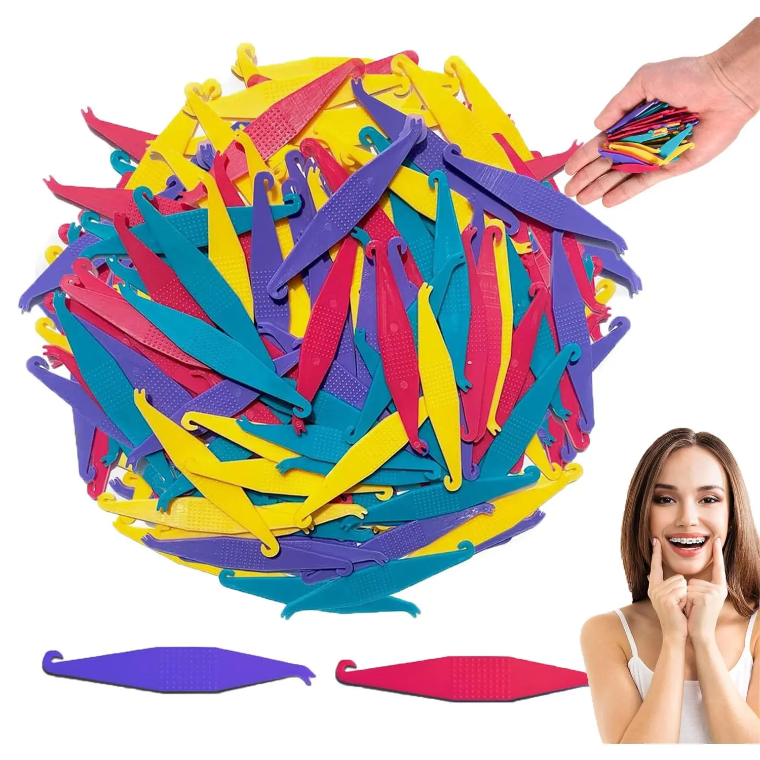 100 Pcs Colorful Disposable Plastic Orthodontic Elastic Placers, Portable Braces Rubber Band Install Removal Tool, Dental Elastic Placers for Daily Braces Orthodontic Care
