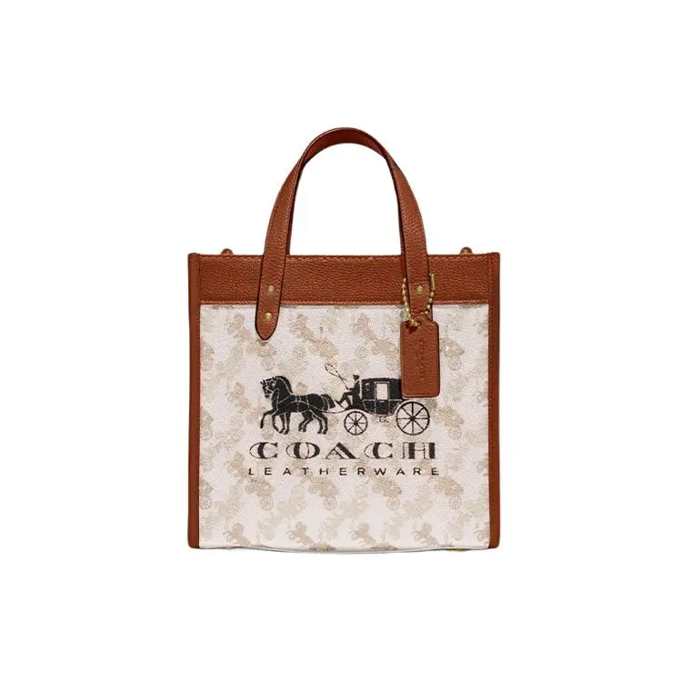 Coach Field 22 Classic Coach Logo Embossed Tote Bag for Women – Coated Canvas and Leather, Brown and White Verifiable, with credentials and supporting global authentication