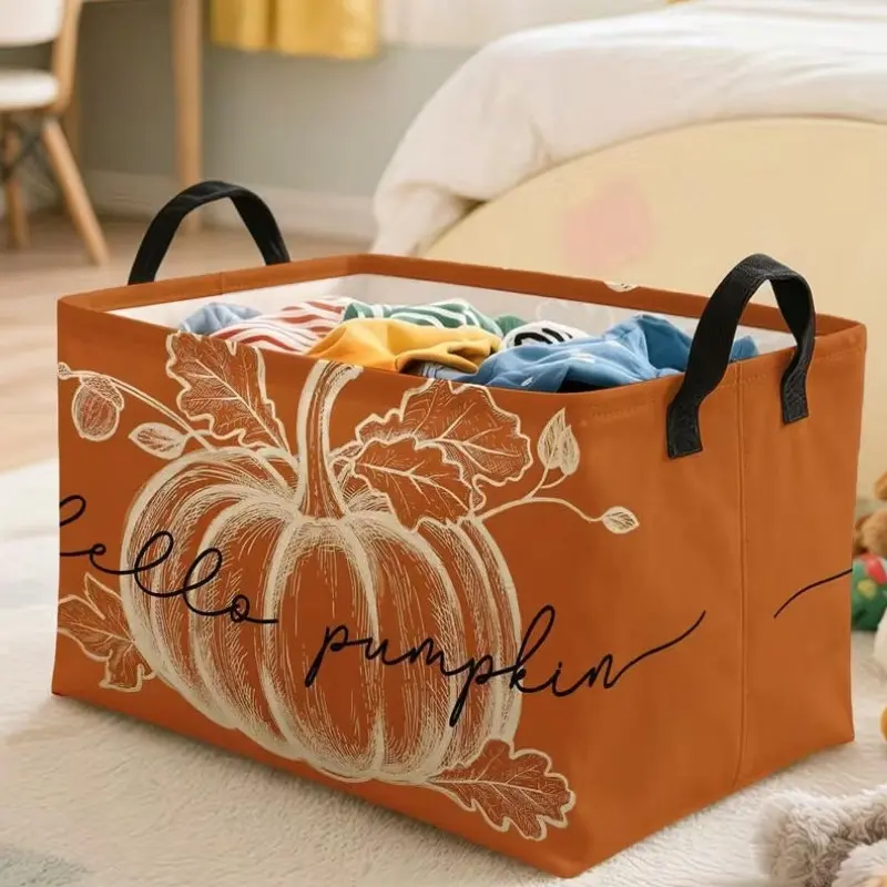 1pc Vintage Hello Pumpkin Fall Storage Basket, Multiple Specifications Available, Stylish Autumnal Storage Organizer with Pumpkin Oak Leaf Print, Perfect for Home Decor And Daily Storage in Living Room And Entryway, Shelf Baskets