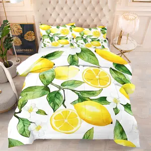Botanical Lemon Print Comforter Set, Tropical Fruit Pattern Bedding Set, Includes 1 Quilt & 1-2 Pillowcase, Yellow Green Room Decor Quilt Set, Spring Summer Bedroom Decor for Girls Boys Kids