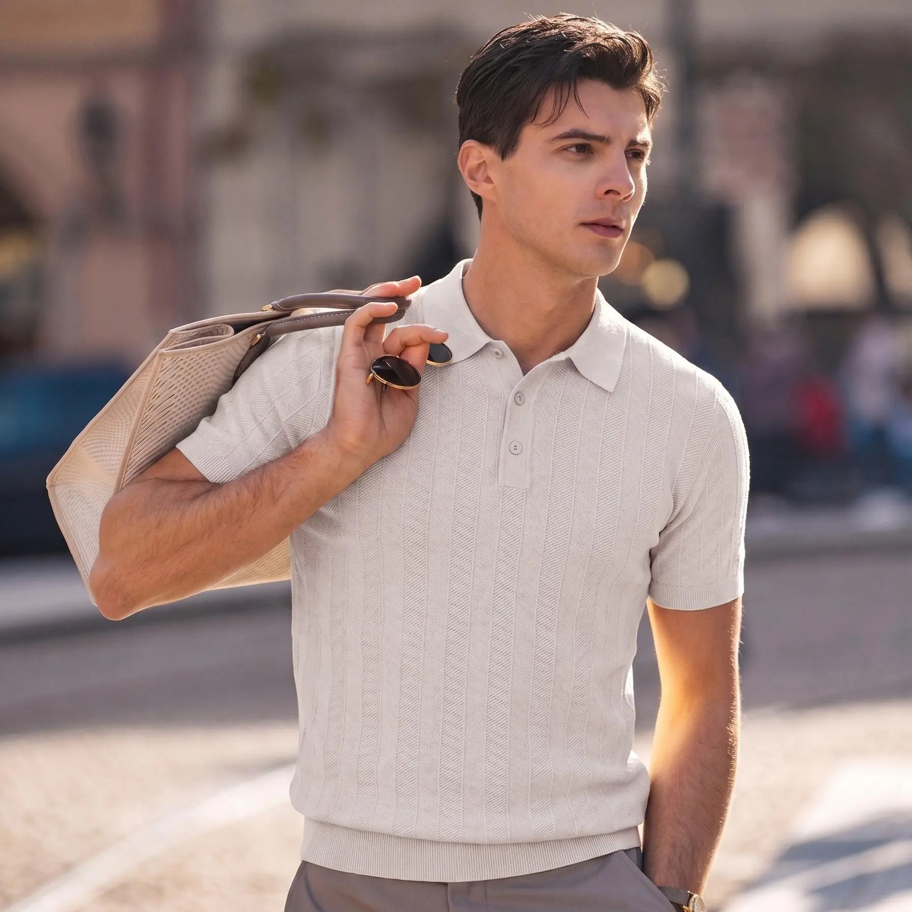 Men's Ribbed Knitted Polo Shirt - Breathable Cotton Silk, Short Sleeve Regular Fit Top for Business Casual Summer Wear with Buttons