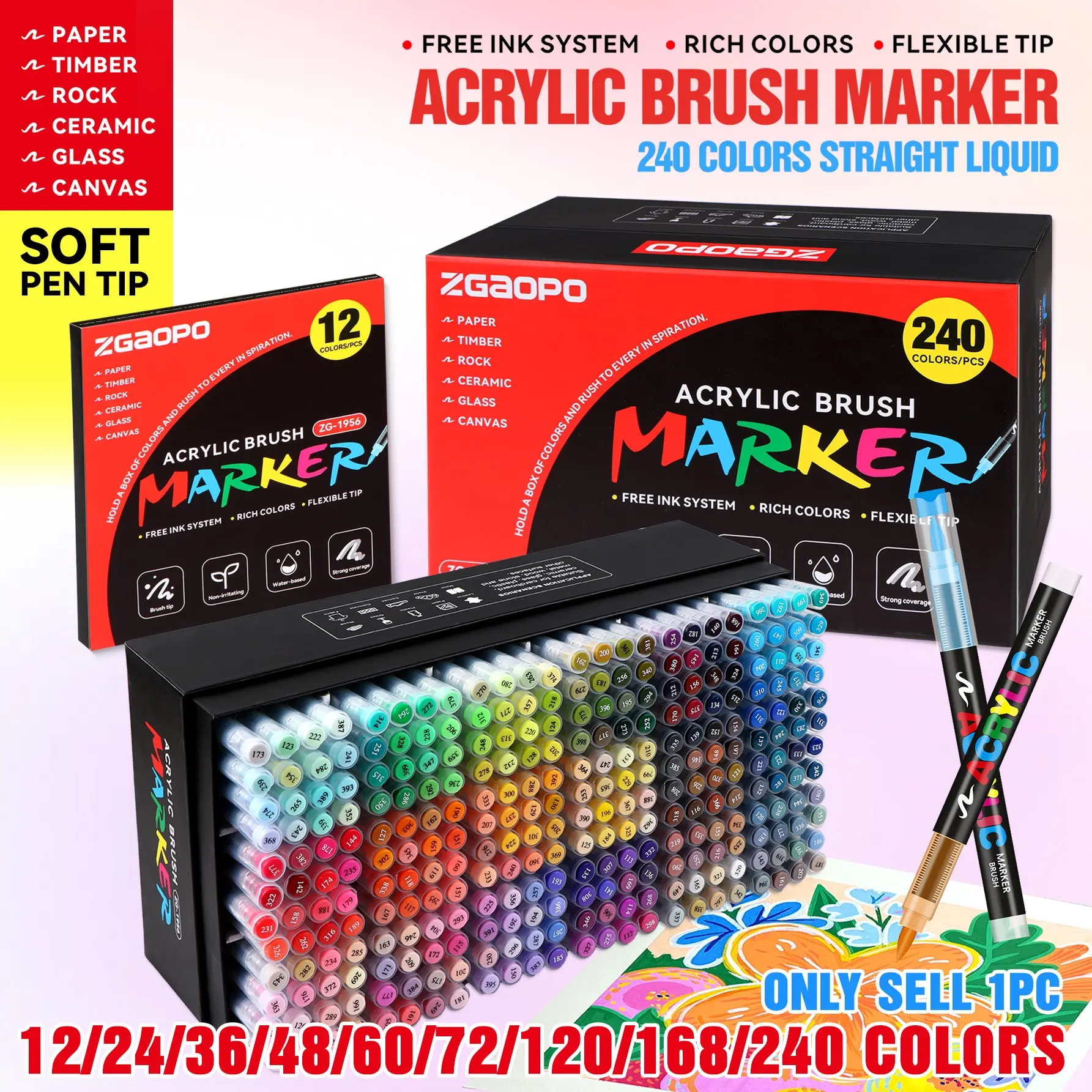 New Soft Tip Direct Liquid Acrylic Marker Pens 12-240 Colors Box Set, No Press Student Drawing Markers, DIY Colorful Brushes, Professional Use