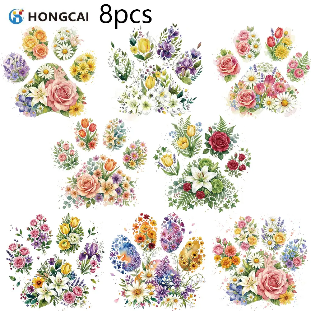 8pcs Vibrant Color Floral Paw Heat Transfer Film, Color-Fast Durable Iron On Patches for Aprons and Work Shirts Personalization, Quality DTF Prints Ready to Press, DIY Craft Supplies