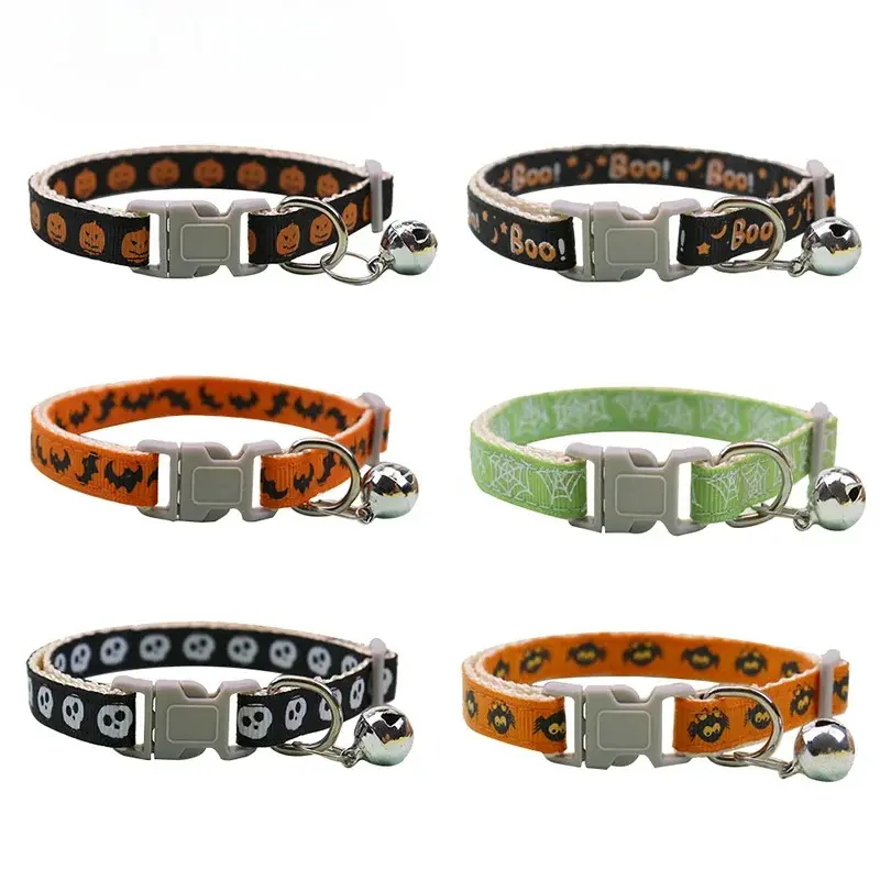 1/6PCS Halloween Dog & Cat Collar with Bell, Funny Adjustable Pet Collar with Safety Buckle, Cute Festive Neck Accessory for Kittens, Puppies & Small Dogs, Halloween Party Costume & Pet Photos