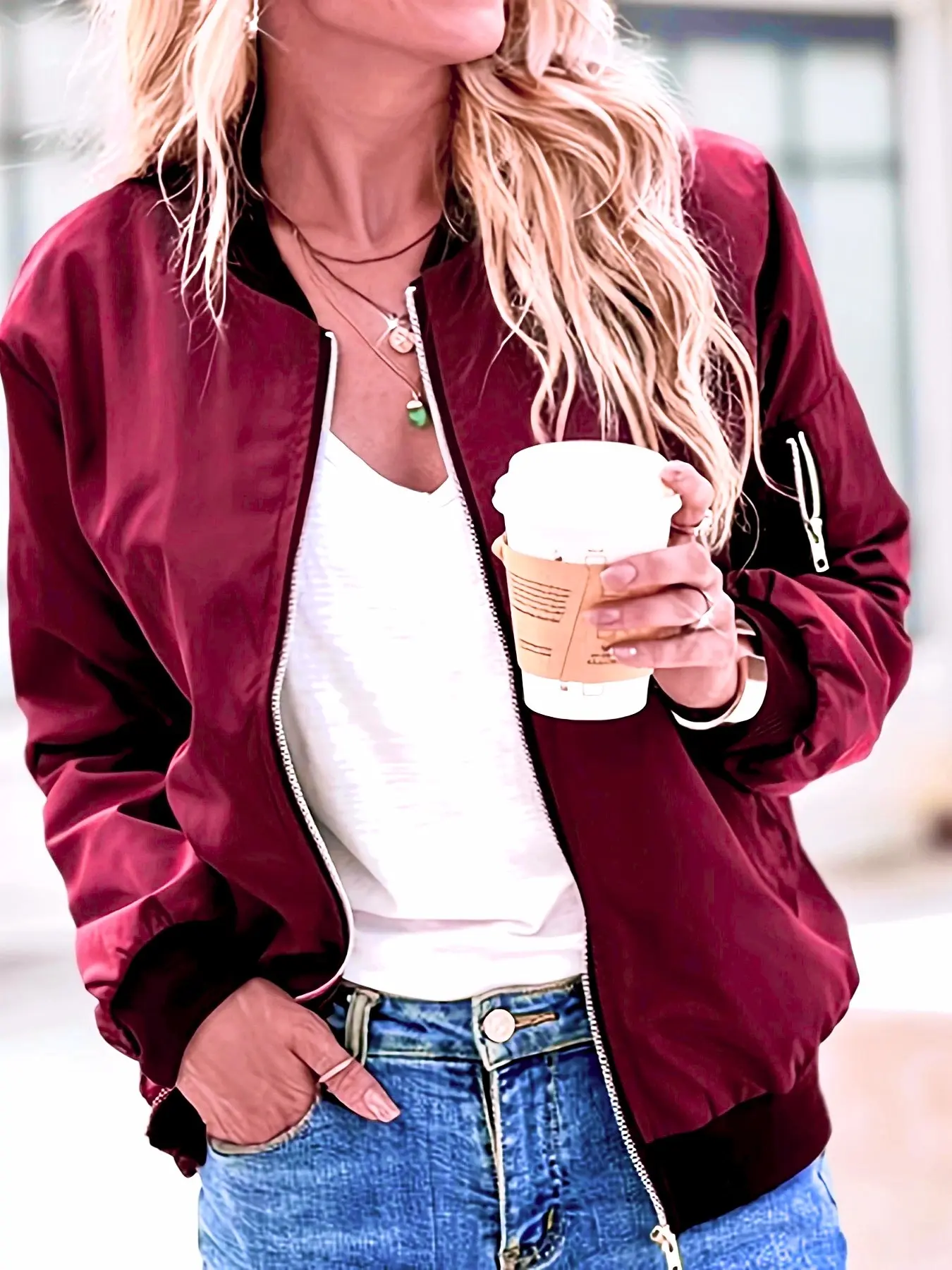 Women's Bomber Jacket Casual Coat, Zip Closure, Pocketed Windbreaker, Outdoor Style, S-Xxl, Daily Wear, Layering Friendly
