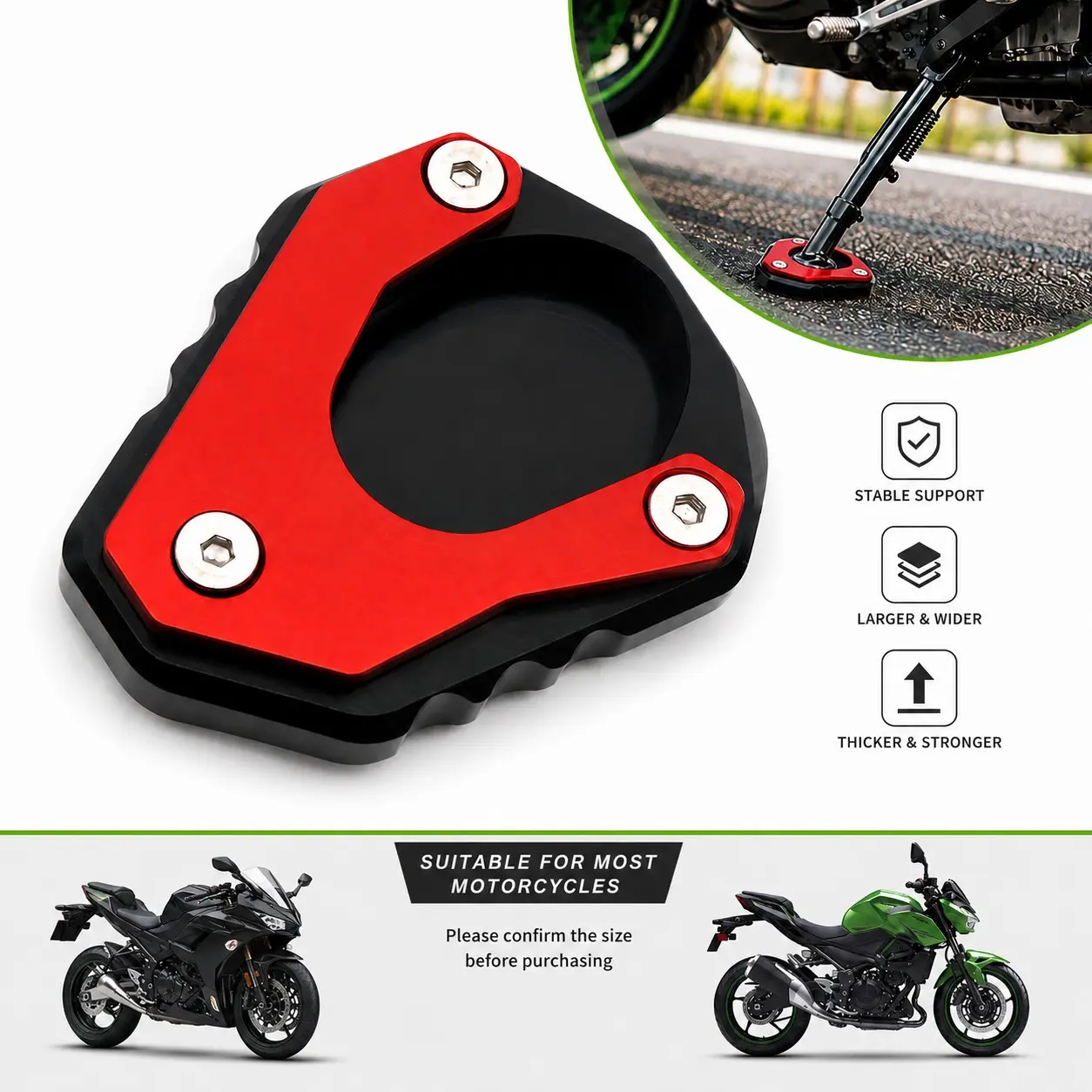 Motorcycle Side Stand Extension Pad for Ninja 400 Z400 Versys 650 Klx250, Kickstand Foot Plate, Durable Strength Thickness Motorcycle Accessories