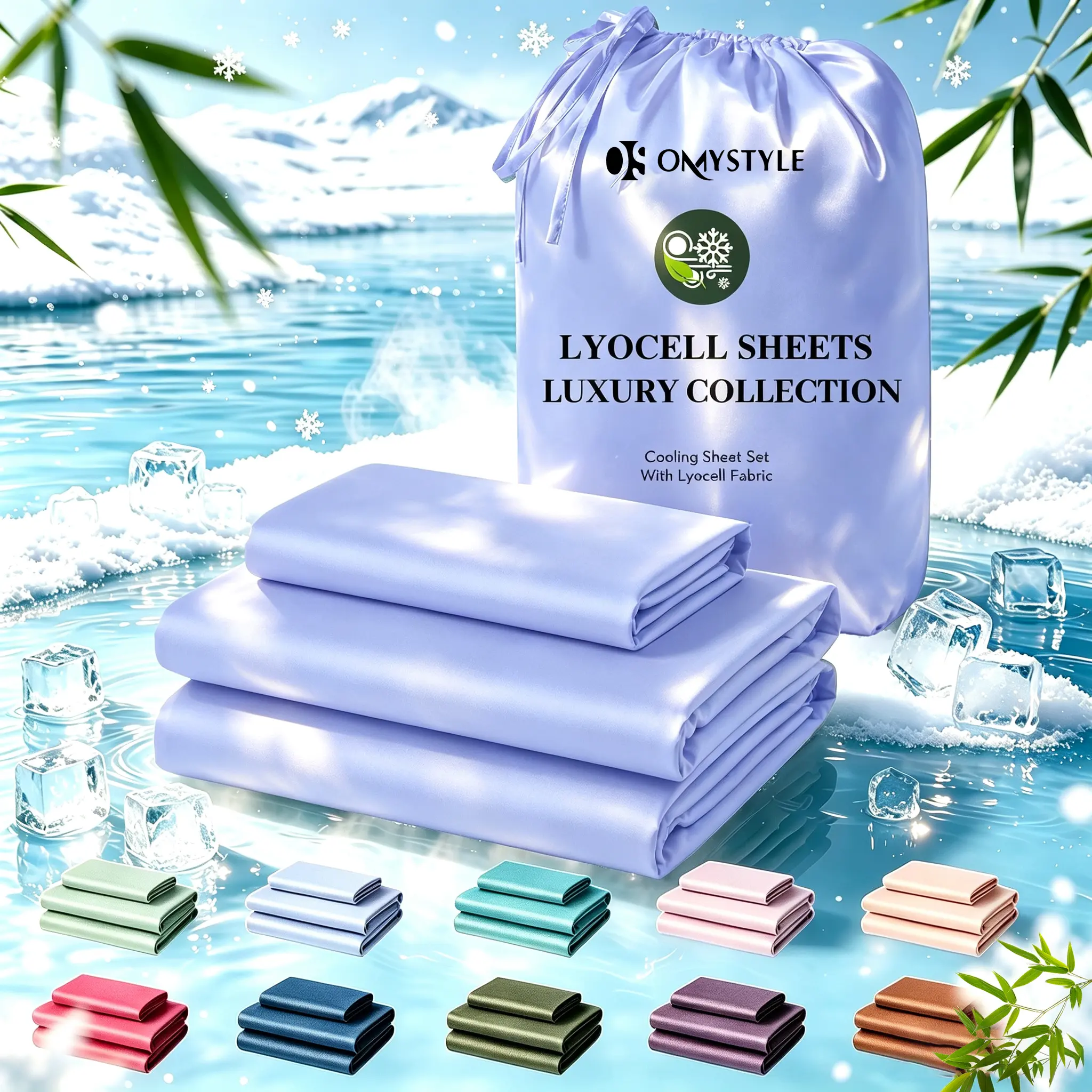 OS OMYSTYLE Deep Pocket Cooling Sheets Set - Bamboo Sheets, Lyocell Blend Sheets Set - Temperature Regulating, T/F/Q/K - Breathable & Skin-Friendly, Kids Fitted Sheet, Flat Sheet And Pillowcases - Super Soft, Wrinkle Free - Perfect Gift For Cooling Sleep