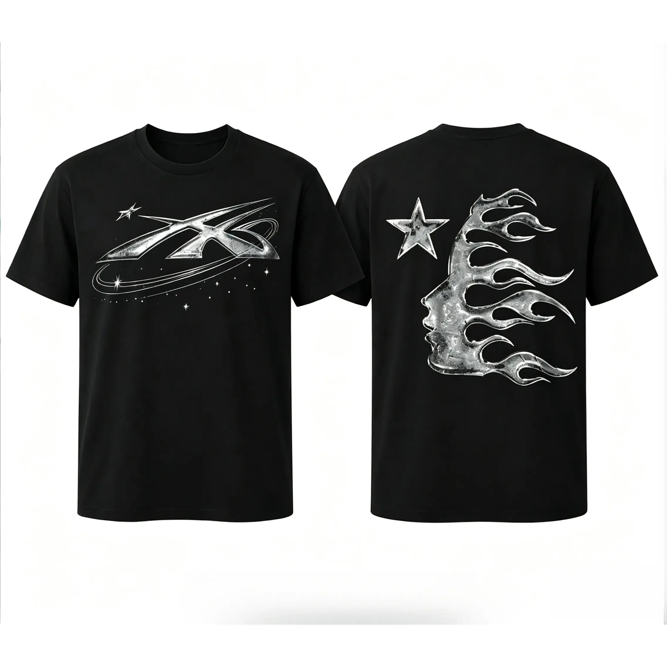 Unisex Cotton Graphic T-Shirt - Short-Sleeve, Fitted Cut, Lightweight Round Neck, Star Print, Vintage Menswear Streetwear Vibe, Casual Sports Top, Graphic Tees, Men's Clothing