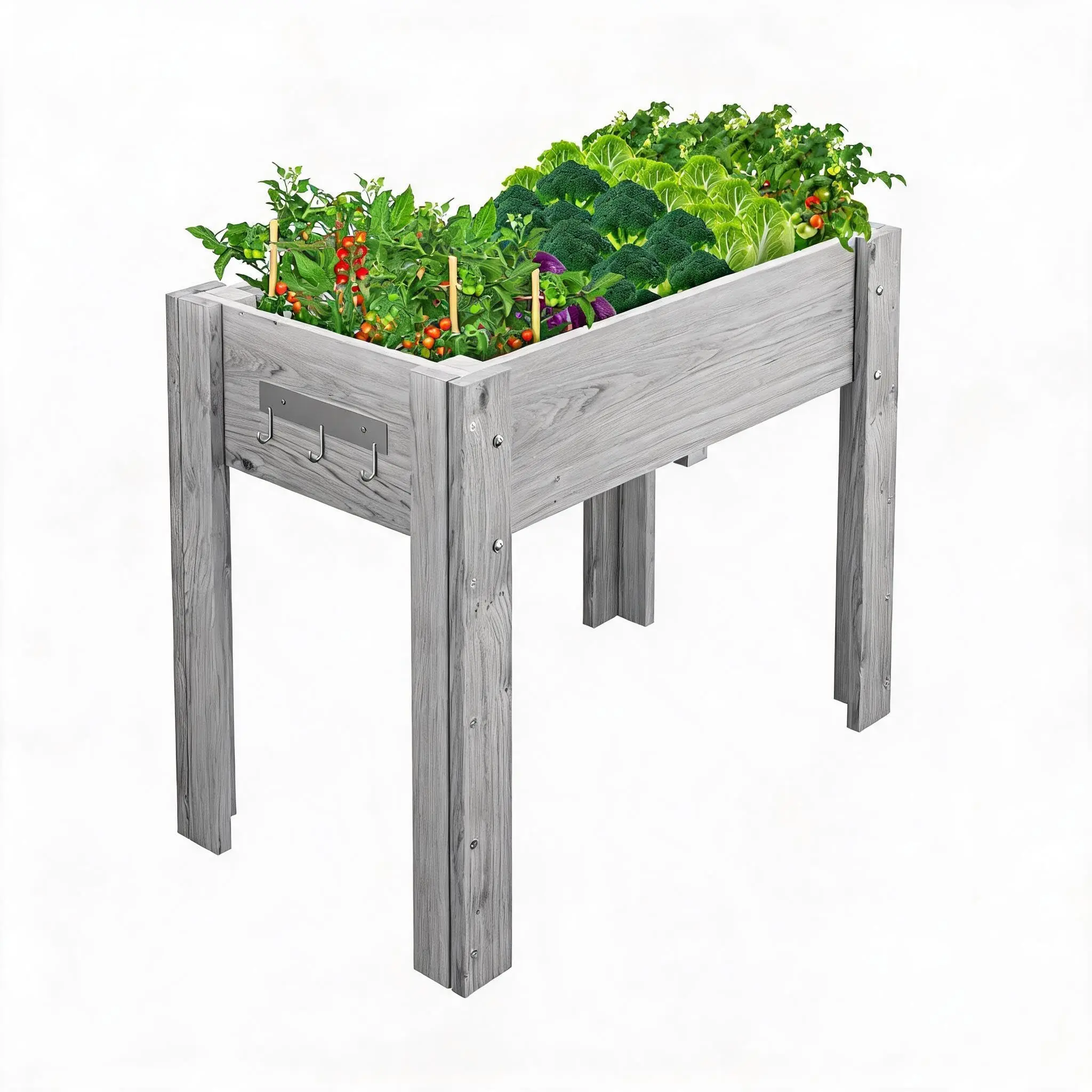 GARVEE Short Grey Elevated Wood Planter, Raised Bed with 3 Gardening Hooks