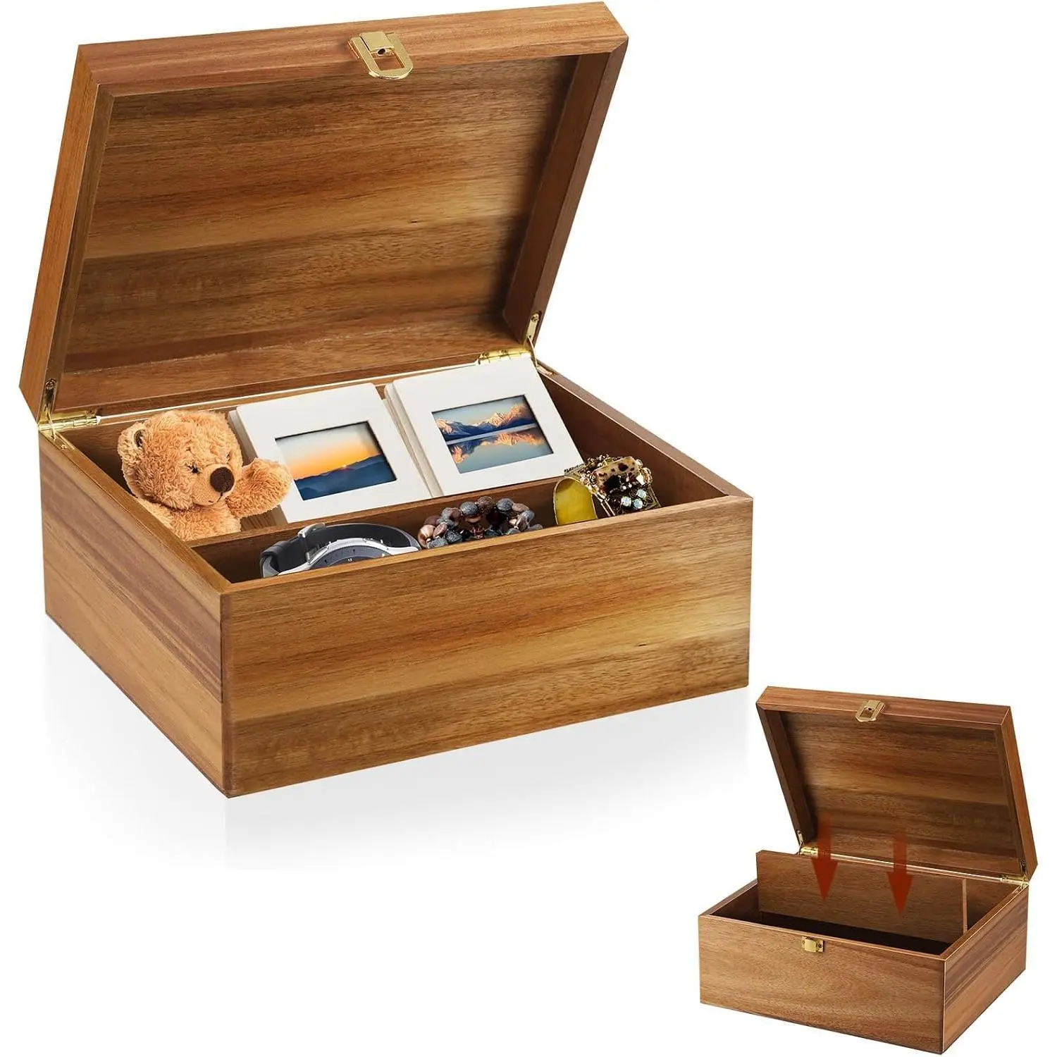 Wooden Keepsake Box, Large Acacia Decorative Storage Boxes | with a Hinged Lid, Memory Treasure Box with Dividers for Crafts and Photo Storage
