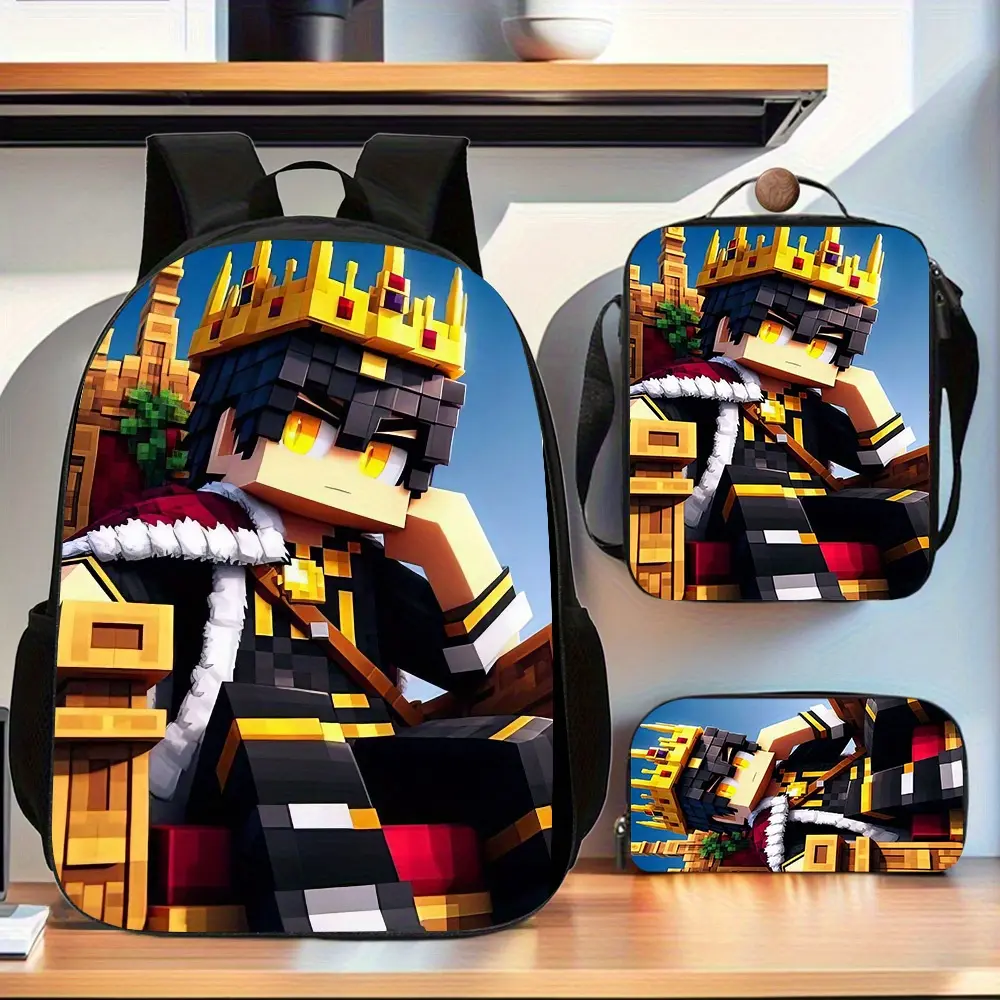 3PCS Water Resistant Backpack Set, Minecraft Block King Crown Castle Blue Sky Print Backpack Insulated Lunch Bag Pencil Case 600D Oxford Sandbox Game Fans Student Daily Kit