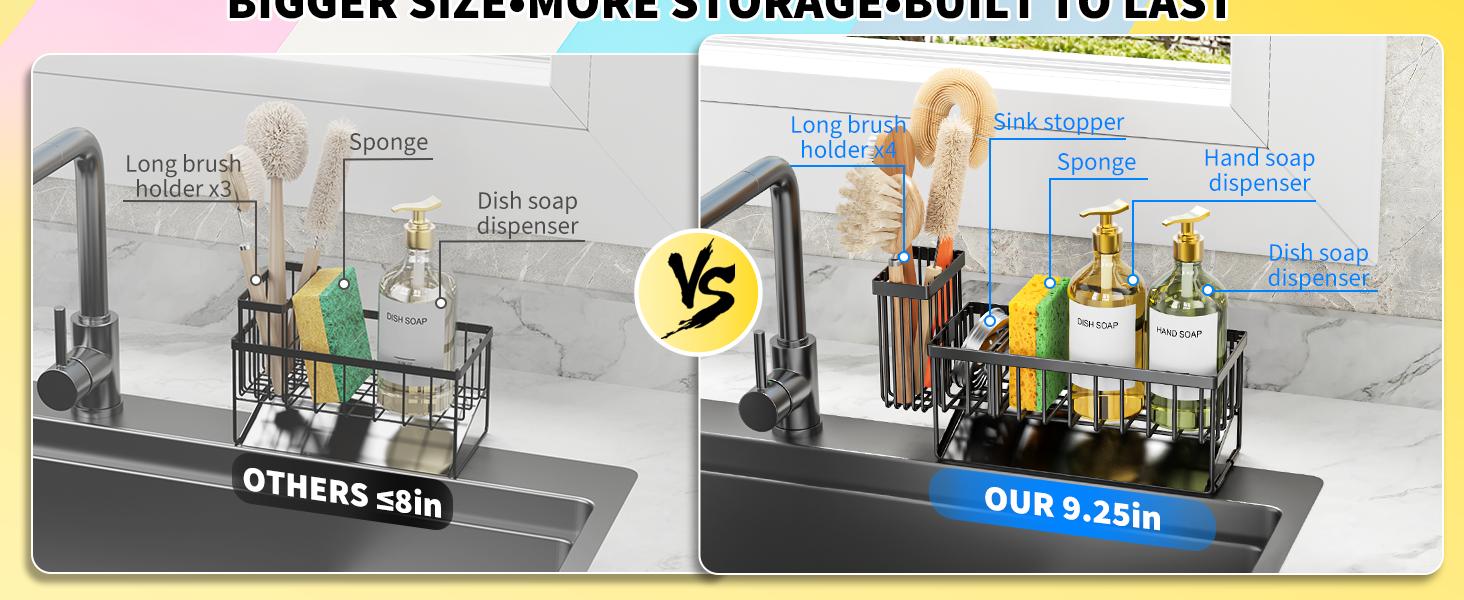 Sink Caddy Sponge Holder for Kitchen with Brush Holder and Stainless Steel Self Drain Tray, Rustproof Kitchen Sink Organizer for Sponge, Soap Dispenser Storage Accessories