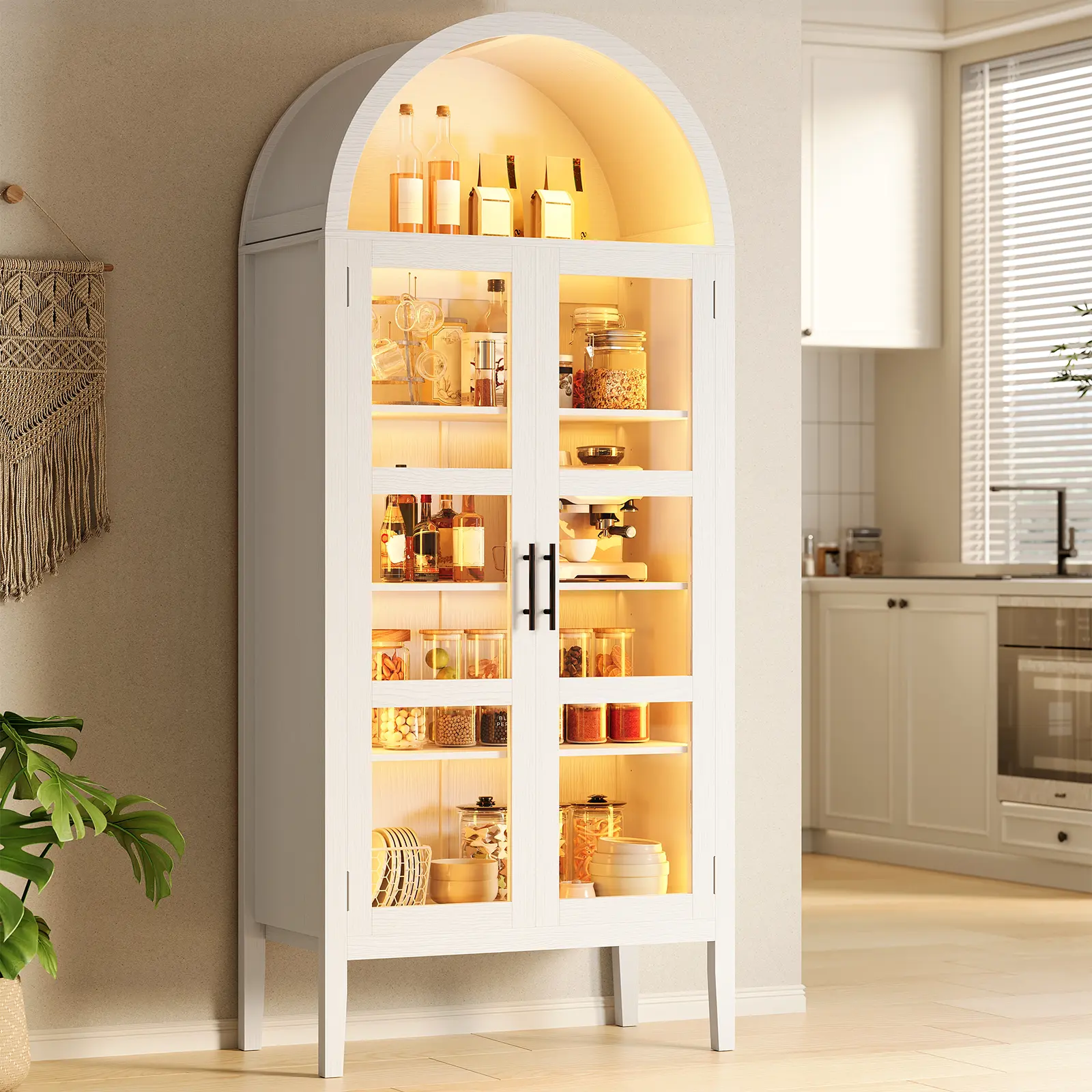 Modern Arched Pantry Display Cabinet with LED Lights, Tempered Glass Doors & Adjustable Shelves, Freestanding Wood Storage Cabinet with Open Shelves for Kitchen Dining Living Room