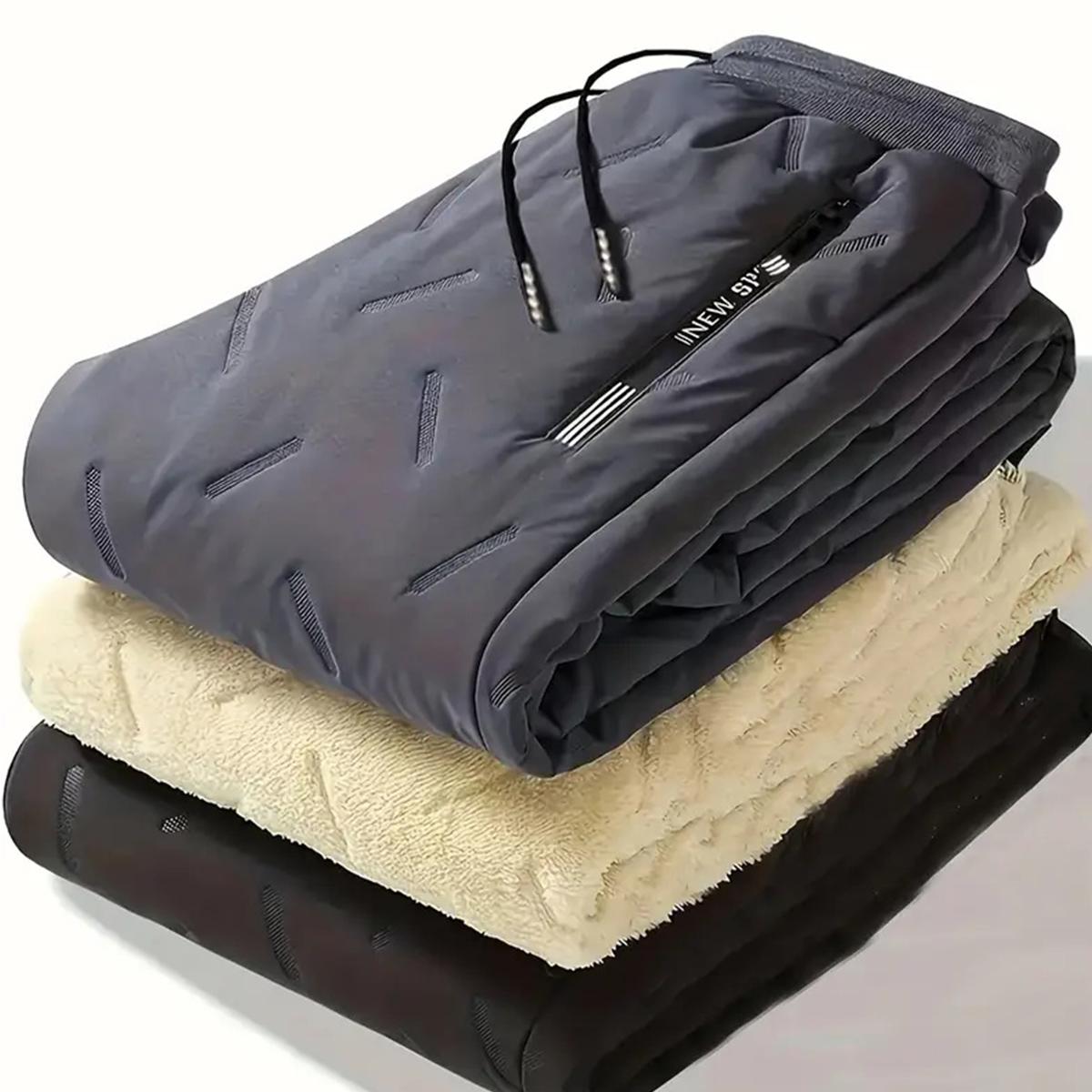 Men's Thermal Pants Thick & Durable Winter Trousers with Drawstring Waistband, Black for Everyday & Formal Wear in Cold Weather, Side Pockets Suitable for Office, Travel, & Outdoor Activities, Loose Fit, Fleece Lining, Solid Color