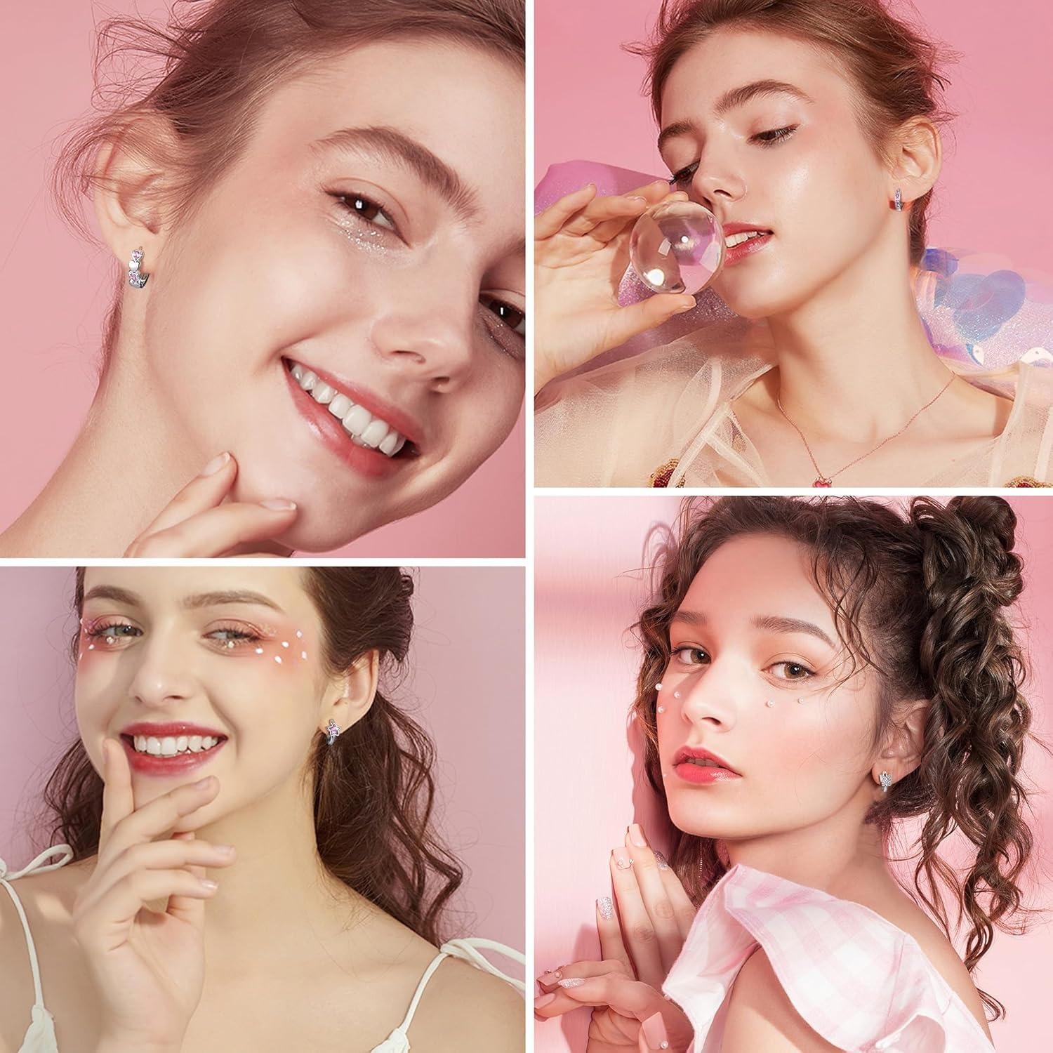 4 Pair Small Silver Hoop Earrings for Women Girls Pink/Blue Heart Star Butterfly Zirconia Hoop Earrings Hypoallergenic Sleeper Huggie Cartilage Earrings Set for Kids