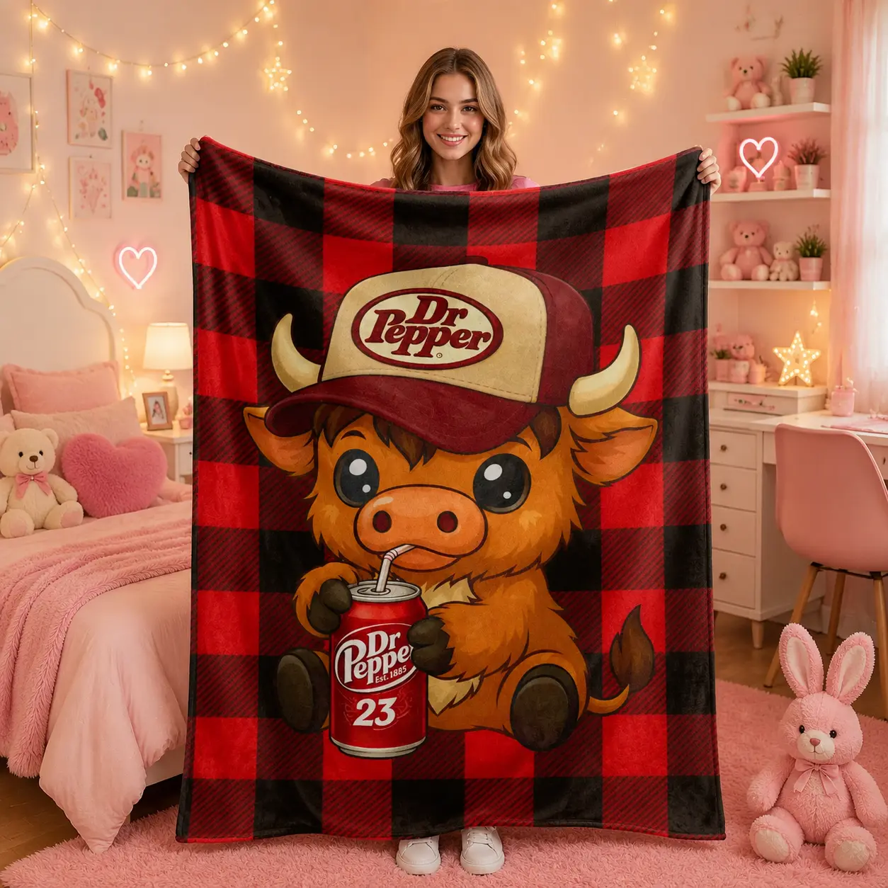 Cute Highland Cow Full Print Red-Black Buffalo Plaid Flannel Throw Blanket - Wrinkle Resistant, Anti-Pill Fabric, Soft Lightweight Warm All Seasons Indoor Outdoor Bedding for Sofa Bed, Ideal Gift for Cow Lovers, Blanket Stitch, Cozy Vibes