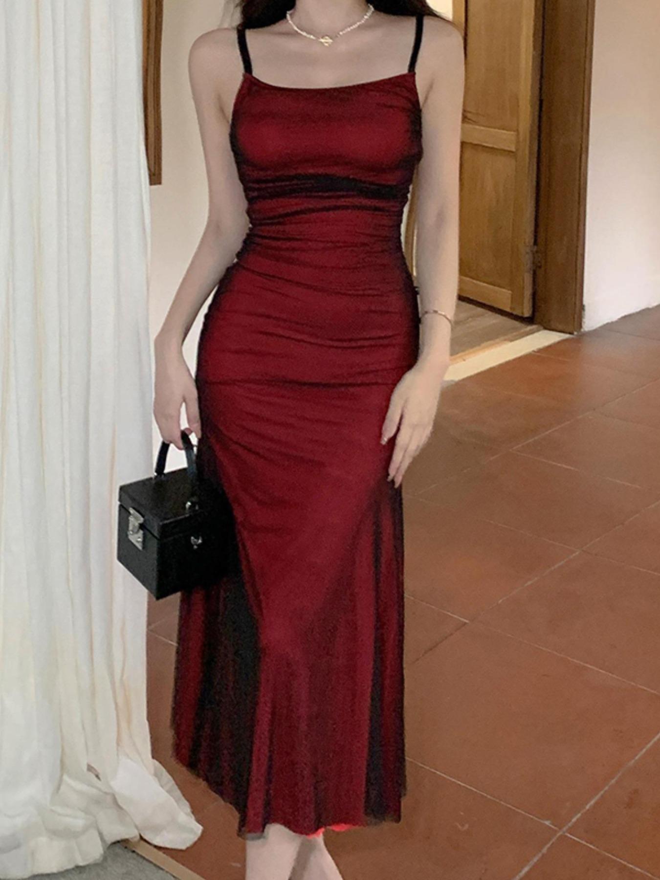 Women's Plain Ruched Cami Knit Dress, Elegant Sleeveless Spaghetti Strap Bodycon Long Dress for Party Club Dating Wear, Ladies Clothes for All Seasons