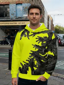 Men's 3D digital print hoodie with fluorescent lime green, dark tone claw shadow casual all-over print. The full-print design stands out for daily streetwear and music festival outfits, making it an ideal holiday gift for men