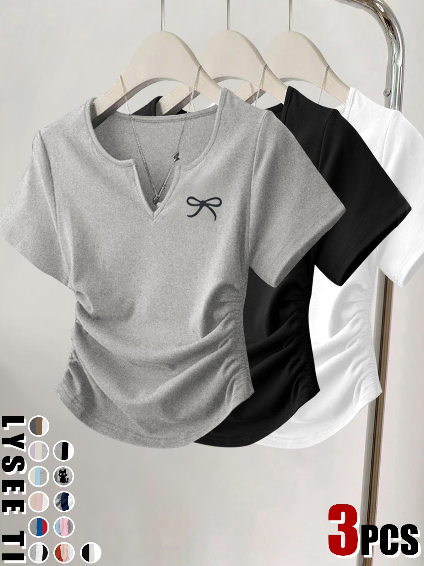 3pcs women's casual fashion slim fit small bow Butterfly print details simple solid color pleated pullover shirt women's round neck short sleeved three piece T-shirt
