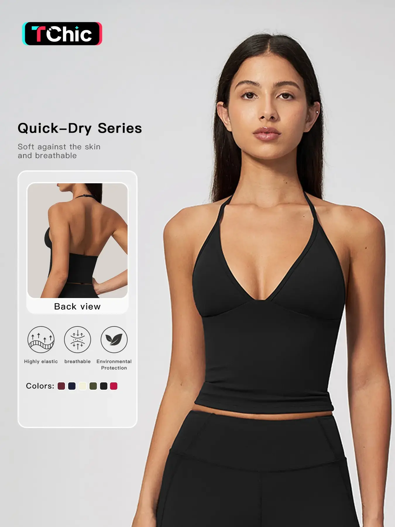 Women's Fitted Deep V-Neck Sports Bra, Backless Halter Neck Yoga Top, Shaping Fitness Vest, Halter Workout Bra, European Style, Comfortable & Stylish