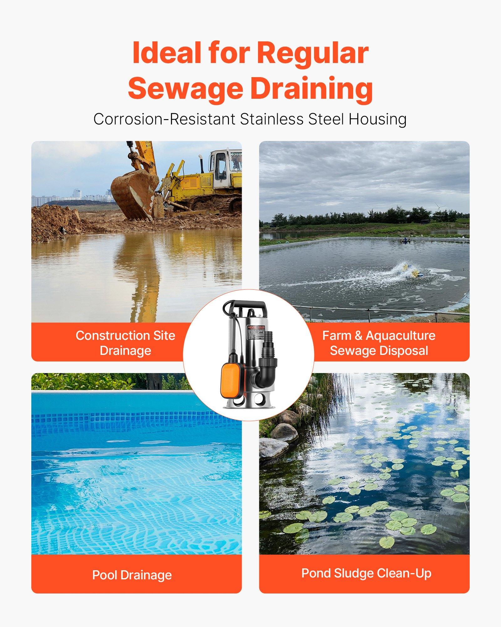 VEVOR 0.68 HP Submersible Sump Pump, 4000 GPH, Stainless Steel Submersible Sewage Dirty Clean Water Pump with Automatic Float Switch, Long Cord, 30 ft Max Lift, for Pools, Garden, Flooded Basement