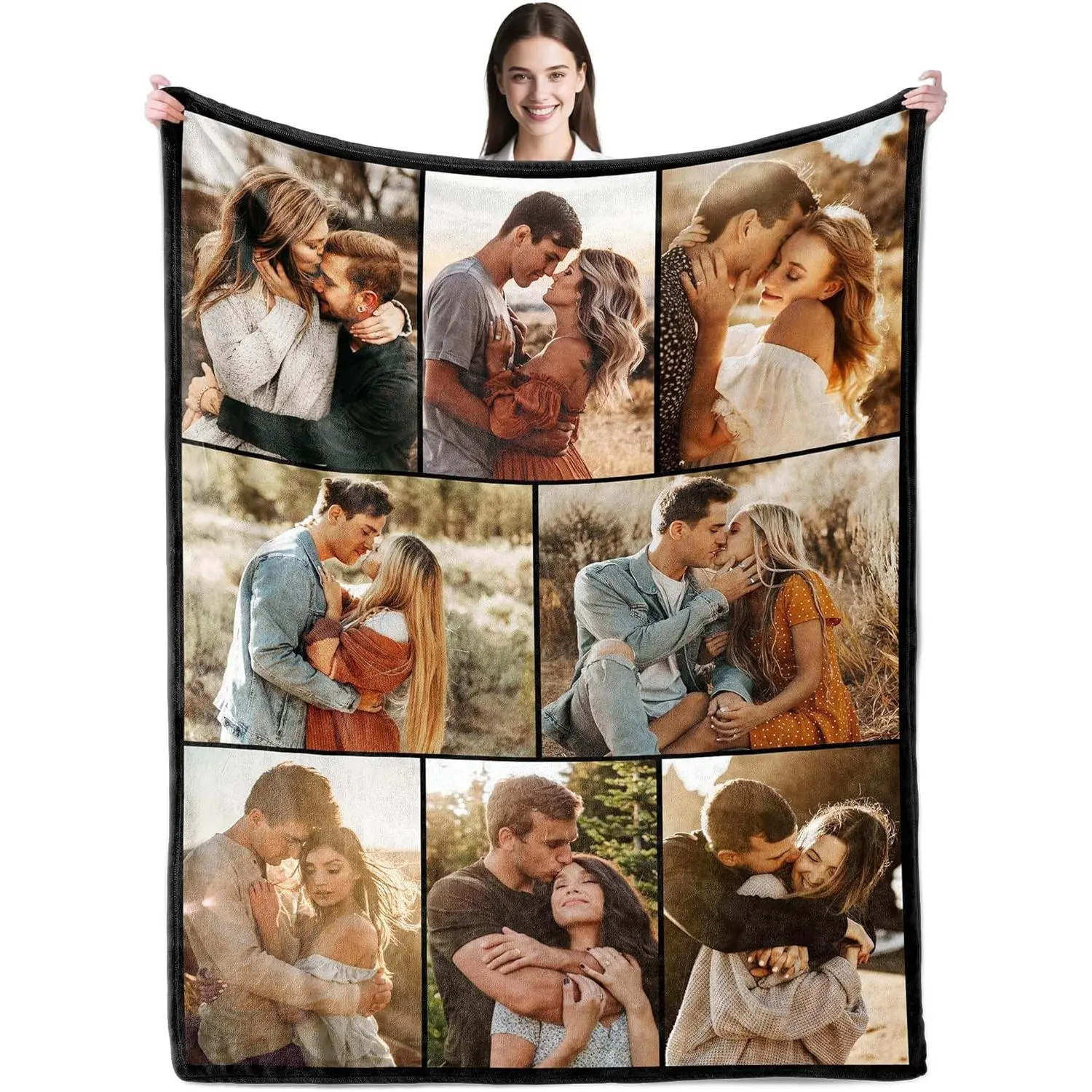 Customized 9-Photo Black Frame Flannel Blanket, Wrinkle-Resistant No-Text Couple Grid Soft Throw for Adults, All-Seasons Cozy Birthday Keepsake Gift, Couch Sofa Bed Home Decor