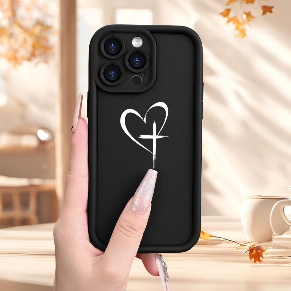 This phone case is compatible with iPhone 17 E Air Pro ProMax iPhone16 15 14 Plus 13 12 Mini 11 X XS XR. It has a unique minimalist design with heart and cross patterns, is anti-fouling, and is perfect for couples