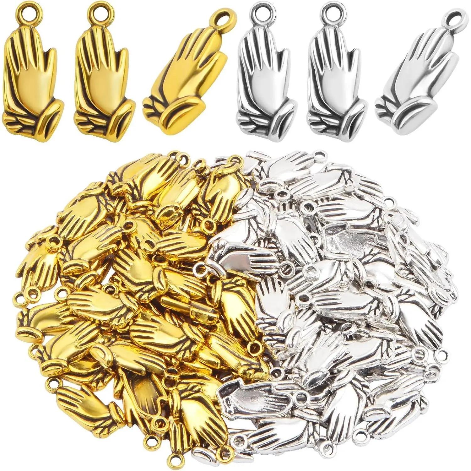JMKTOOL 100pcs Vintage Praying Hands Charms Alloy Creative Religious Prayer Dangle Pendants Craft Supplies for DIY Bracelets Necklaces Jewelry Making Findings, 2 Colors