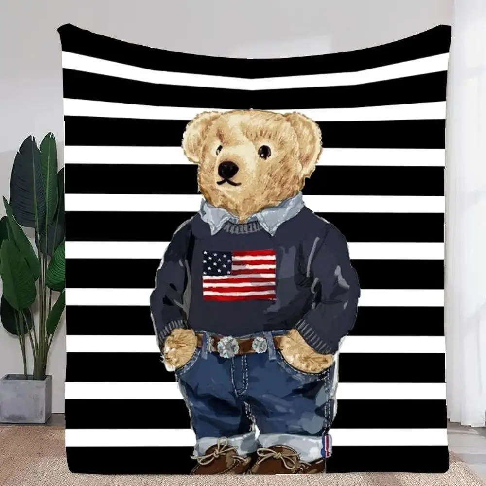 American Flag Teddy Bear Flannel Blanket Cute Soft Warm Throw Blanket for Home Decor Sofa Bed