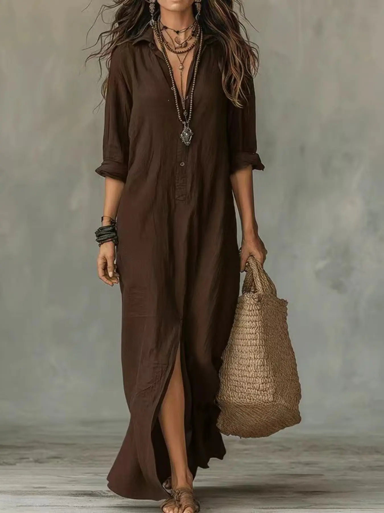 2026 Spring Summer Casual Solid Color Boho Collared Front Split Long Dress, Trendy Women's Fashion, Comfortable & Stylish