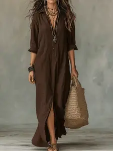 2026 Spring Summer Cross-Border Casual Long Sleeve Solid Color Notched Lapel Front Split Long Dress, Casual Dresses, Boho Maxi Dress, Trendy Women's Fashion, Comfortable & Stylish, Womenswear