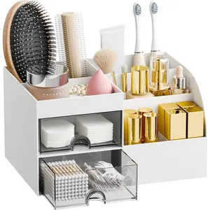 18ACTIVEKITMakeup Organizer with 2 Drawers, Makeup Organizers Countertop for Vanity and Bathroom, Make up organization and Skincare Storage with Brush Holder, for Dresser, Desktop, Cosmetic Display Case (White)