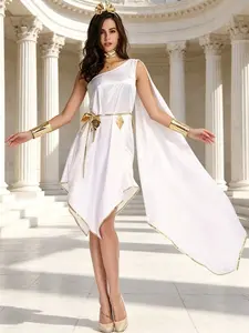 Ancient Greek Mythology Goddess Costume Set White Flowing Gown With Matching Belt Halloween Cosplay Outfit for Carnival Masquerade