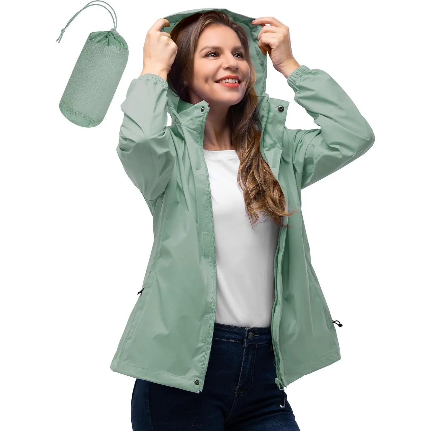 Women Waterproof Packable Rain Jacket, Lightweight Hooded Windbreaker Raincoat for Golf Hiking Travel