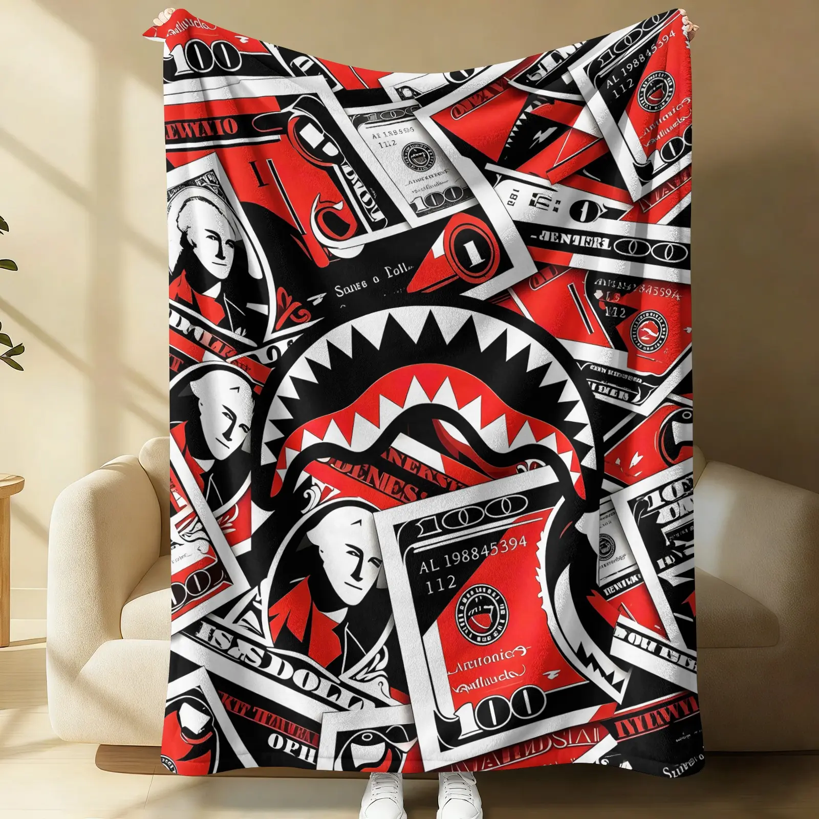 Red and Black Dollar Bill Shark Mouth Flannel Blanket, Soft Cozy Lightweight Durable, Ideal for Teens Bedroom Dorm Gaming Room Decor, Sofa Throw Blanket, Office Nap Mat, Car Cover Throw and Cool Gift