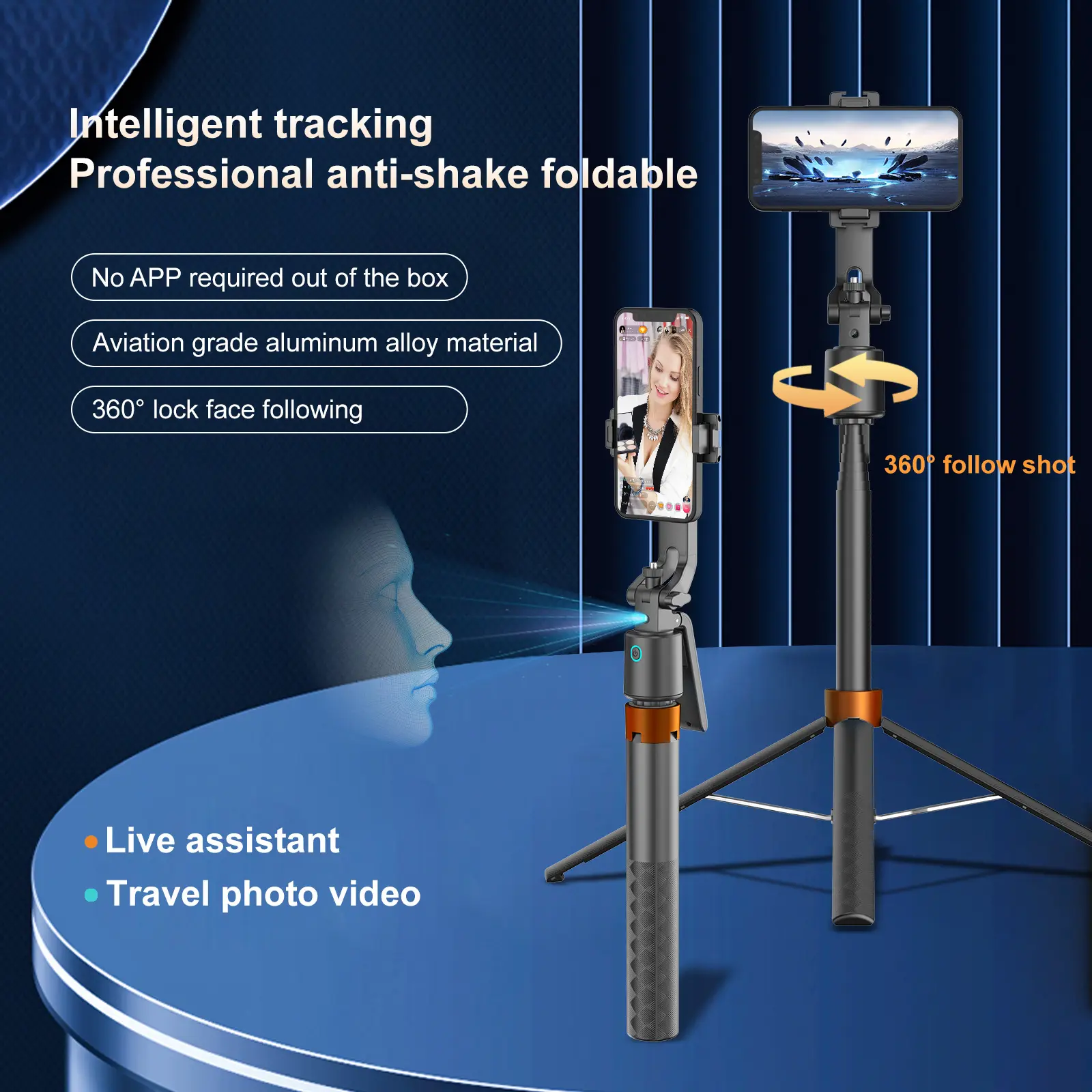 360° infinitely rotatable auto face-tracking selfie stick tripod, rechargeable smart AI visual tracking phone holder with wireless remote shutter, adjustable portable cell phone stand for vlogging, live streaming, video recording, makeup shooting, travel