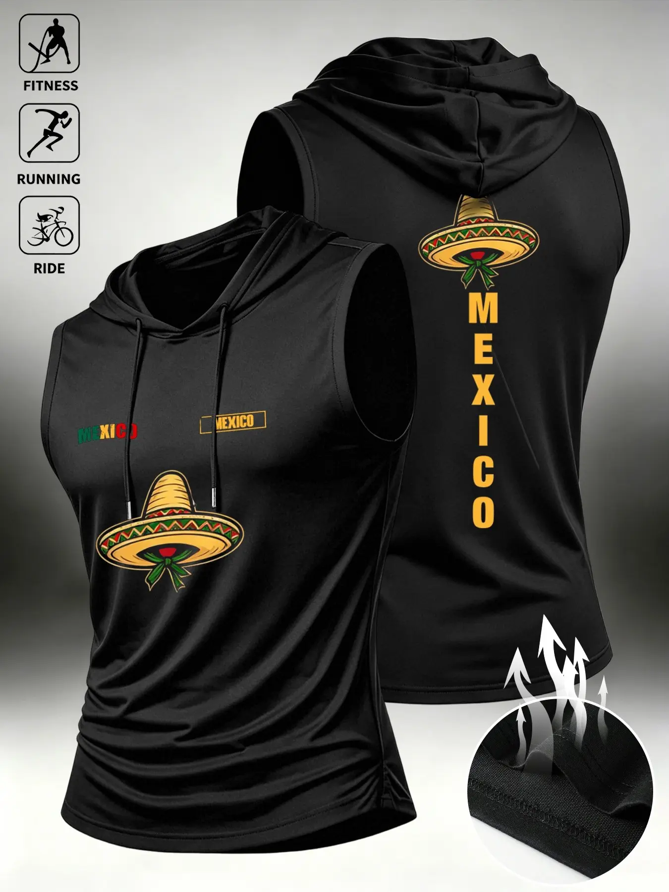 Men's Summer Sporty Sleeveless Hooded Vest, Mexican Theme Print, Ideal for Travel, Fitness, Streetwear, Fitted Style, Sleeveless Sports Vest
