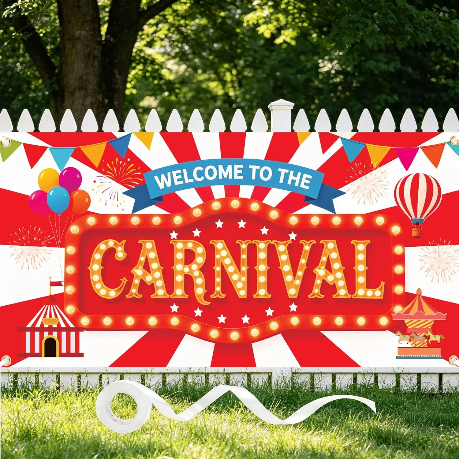 Carnival Backdrop Banner 71x35 Inch Red Circus Backdrop Welcome to the Carnival Banner Circus Theme Decorations Photo Booth Background with 19.68 Ft Rope