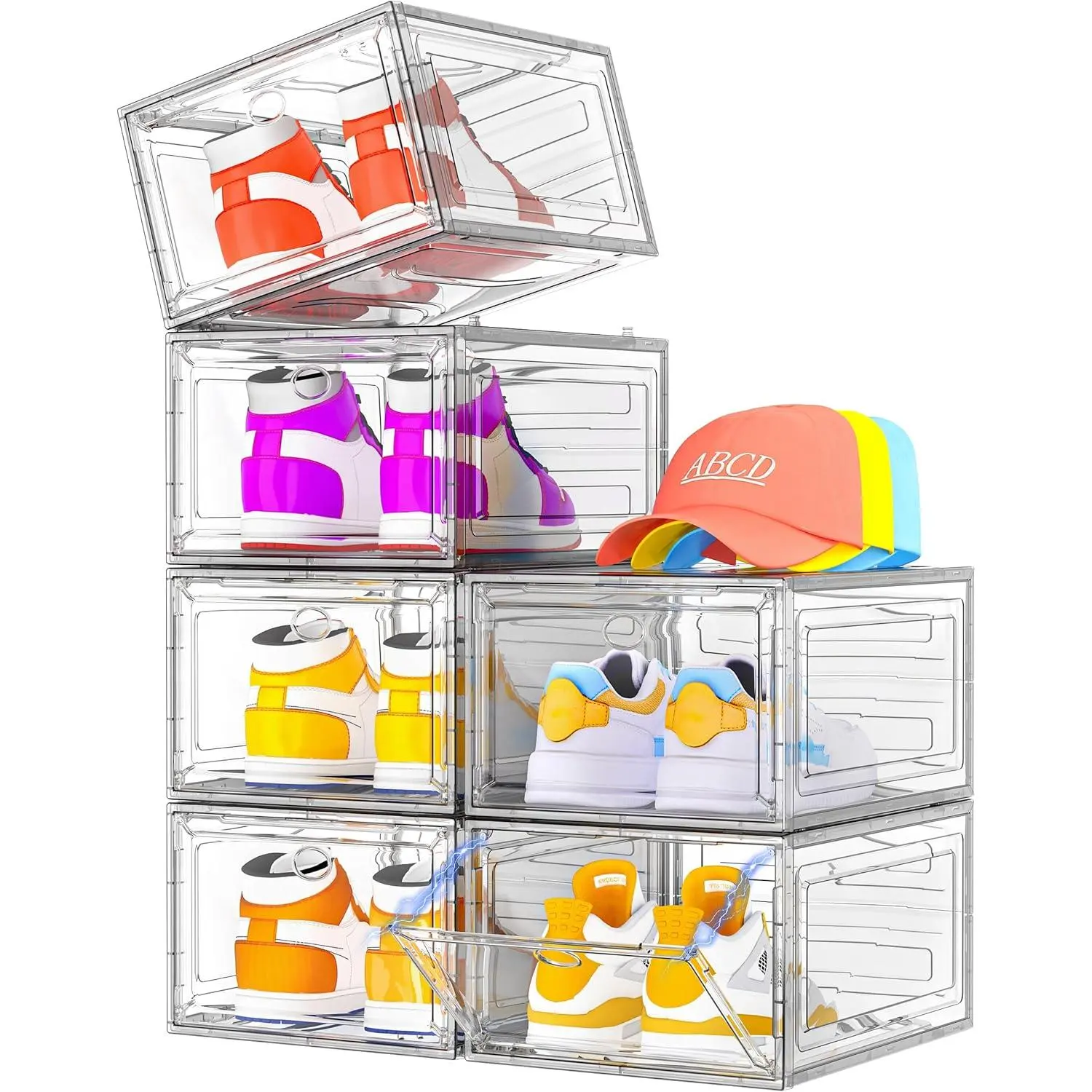 Shoe Organizer, Clear Thickened Stackable Shoe Boxes with Magnetic Door, Collapsible Closet Storage Rack for Sneakers & Boots, 6 Pack White, Virgin Material, Not Recycled Plastic for Household