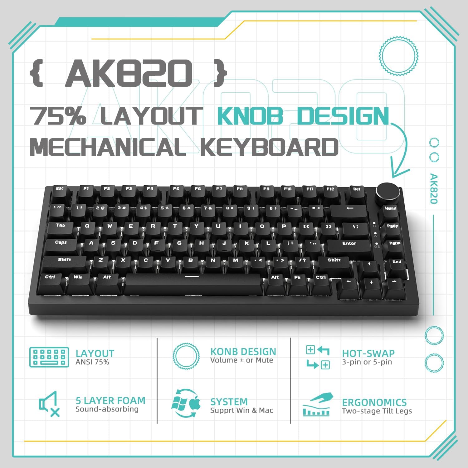 AJAZZ AK820 Wired Mechanical Keyboard, Hot Swappable Keyboard, Side Engraved Keycap Keyboard, Full Key Hot Swap Gasket Structure Keyboard, Gasket Mount Keyboard, Gaming Keyboard for Gaming, Computer Game Hardware, PC Gaming Keyboards