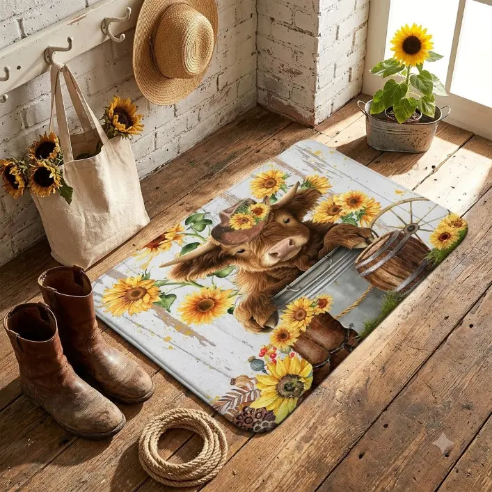 Cute Highland Cow Animal Print Flannel Bath Mat with Rubber Pad - Farmhouse Rustic Rectangle Bathroom Rug, Soft, Absorbent, Quick-Dry, Waterproof, Non-Slip Bathtub Area Decor