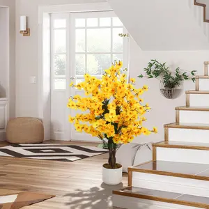 OUTGOODS Potted Artificial Wintersweet Tree, Lifelike White/Yellow Plum Blossom Faux Plant with Black Planter, Realistic Fake Flower Tree Decor for Indoor Living Room, Home & Office Tabletop Ornament