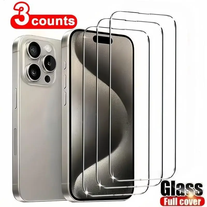 3-Pack Apple iPhone Screen Protectors, HD Tempered Glass, Anti-Drop, Compatible with iPhone 15, 15 Pro, 15 Pro Max, Customized Case Type