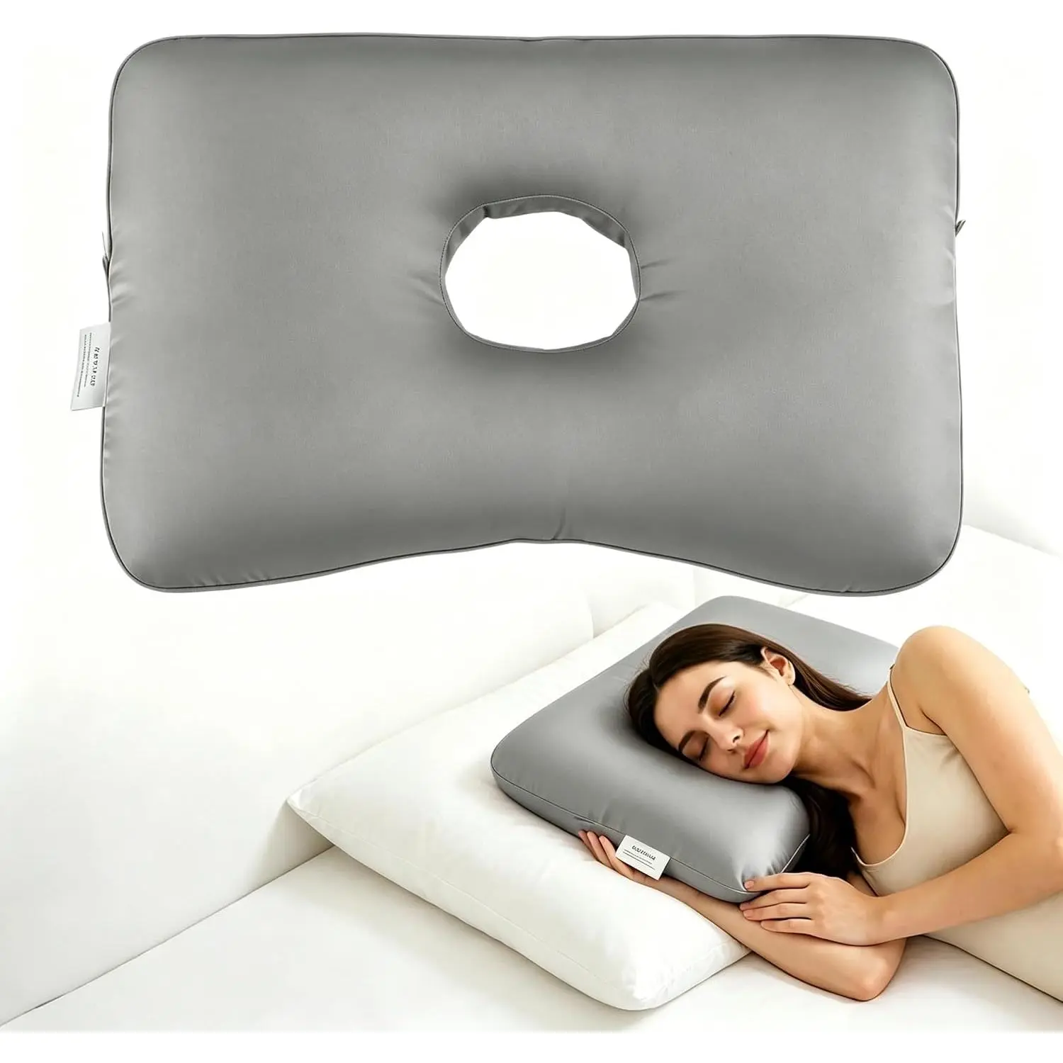 Ear Piercing Pillow for Side Sleepers with an 3.94in Ear Hole| Donut Side Sleeping Pillow for Pain Relief Sleeping, Pressure Sore, Ear Protector,19.7"X12.99"X3.94'' (Grey)