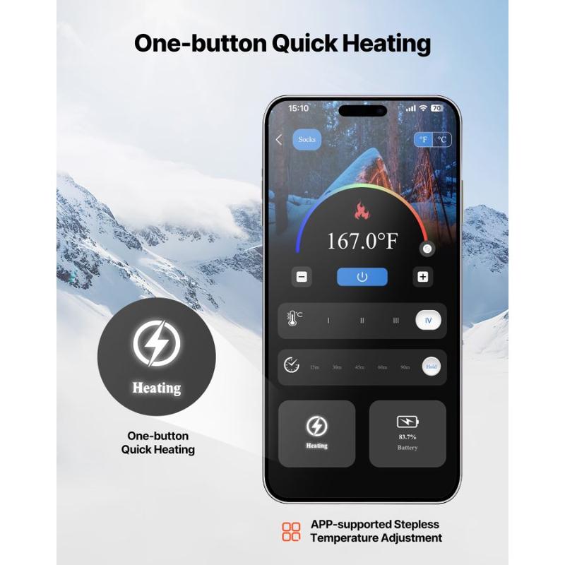 VEVOR Heated Socks, 5000mAh Battery Powered, Rechargeable Heating Socks with 4 Heating Levels, Electric Heated Sock with APP Control for Men Women, Foot Warmer for Hunting Riding Camping Hiking