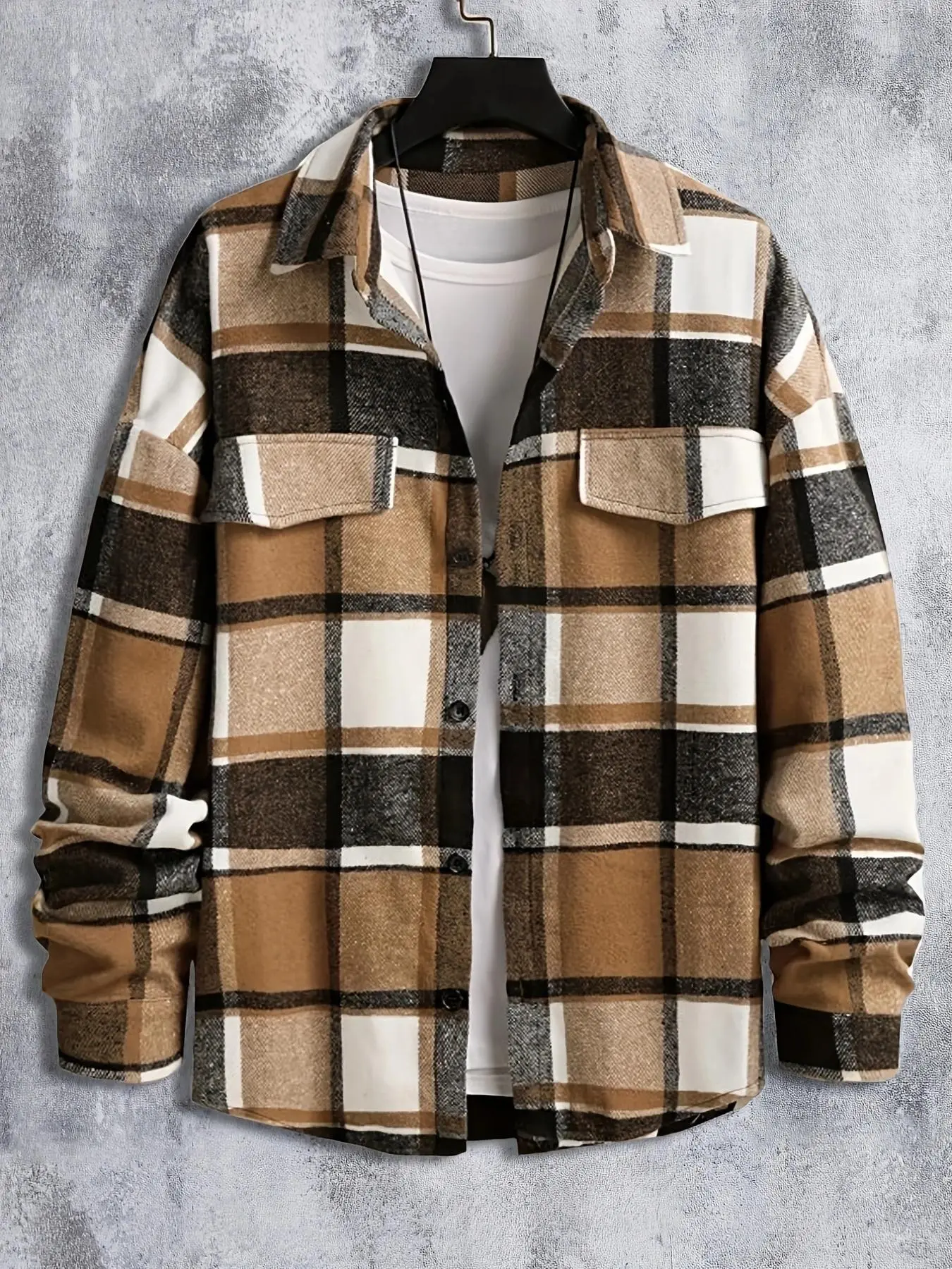 Men's Plaid Print Button Front Flap Detail Plicated Shirt Jacket, Loose Casual Drop Shoulder Long Sleeve Collared Outerwear for Daily Wear, Men's Clothes for All Seasons