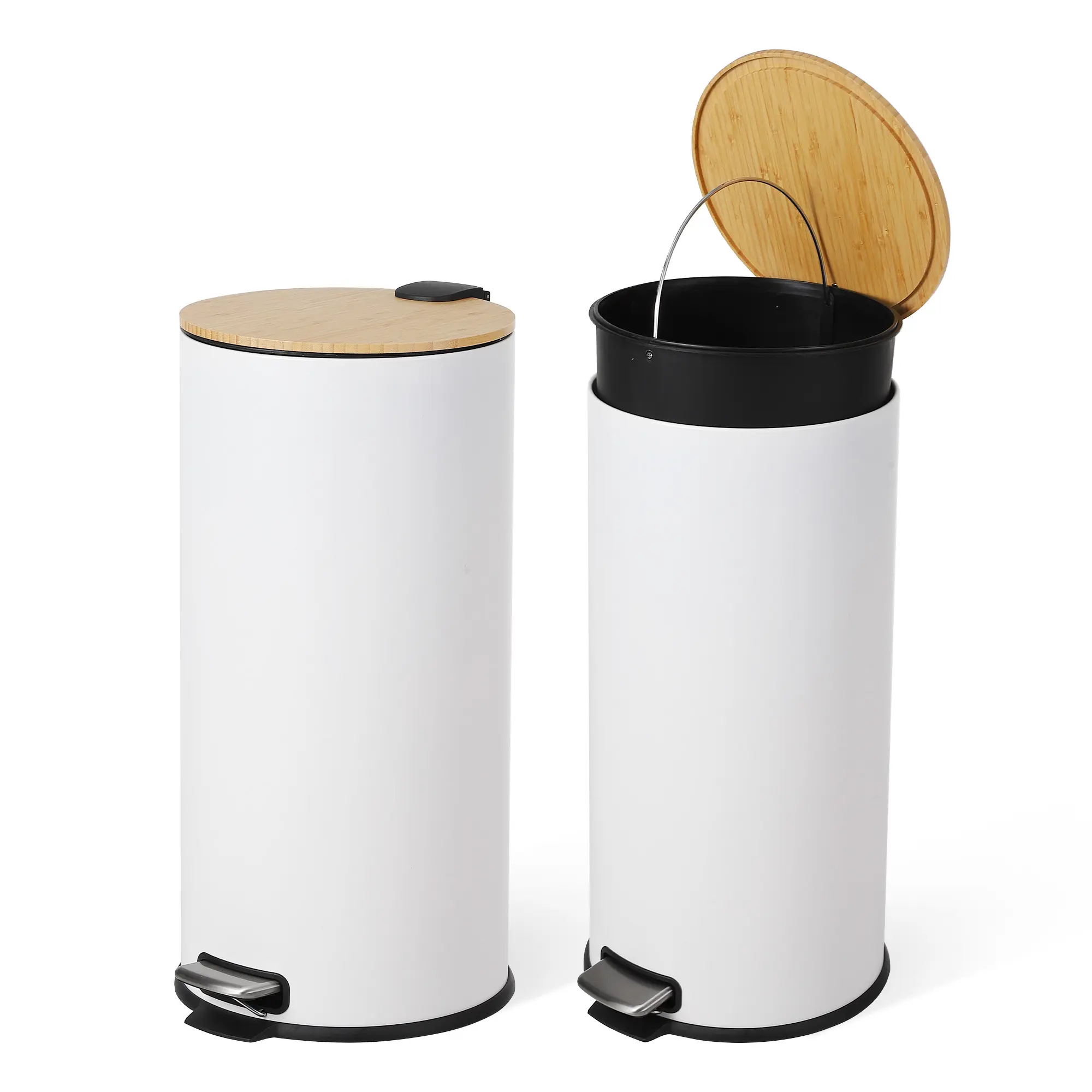 Garvee Slim Fingerprint-Resistant Stainless Steel Kitchen Trash Can – 8 Gallon (30L) Step Bin with Soft-Close Wooden Lid, Removable Inner Bucket, Odor Control, Modern Eco-Friendly Waste Solution