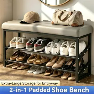 2-Tier Premium PU Leather Shoe Bench - Reinforced Heavy Duty Metal Storage, Comfortable Cushioned Seat, Space Saving Ottoman Organizer for Entryway, Hallway & Mudroom