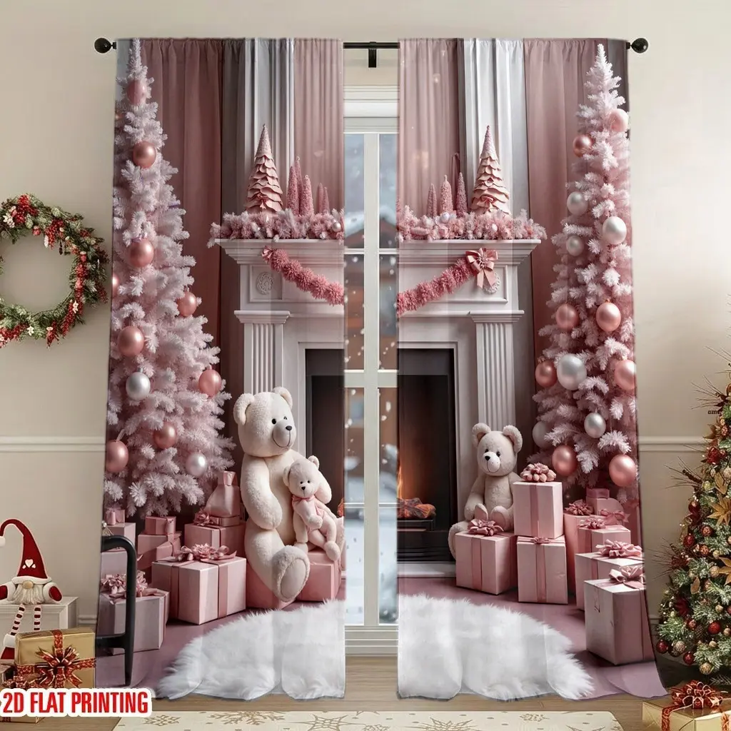 2Pcs Festive Christmas Scene Curtains with Pink Trees and Teddy Bears, Digital Printing, Light Filtering Privacy Protection, Ideal for Living Room, Bedroom, Holiday Decoration